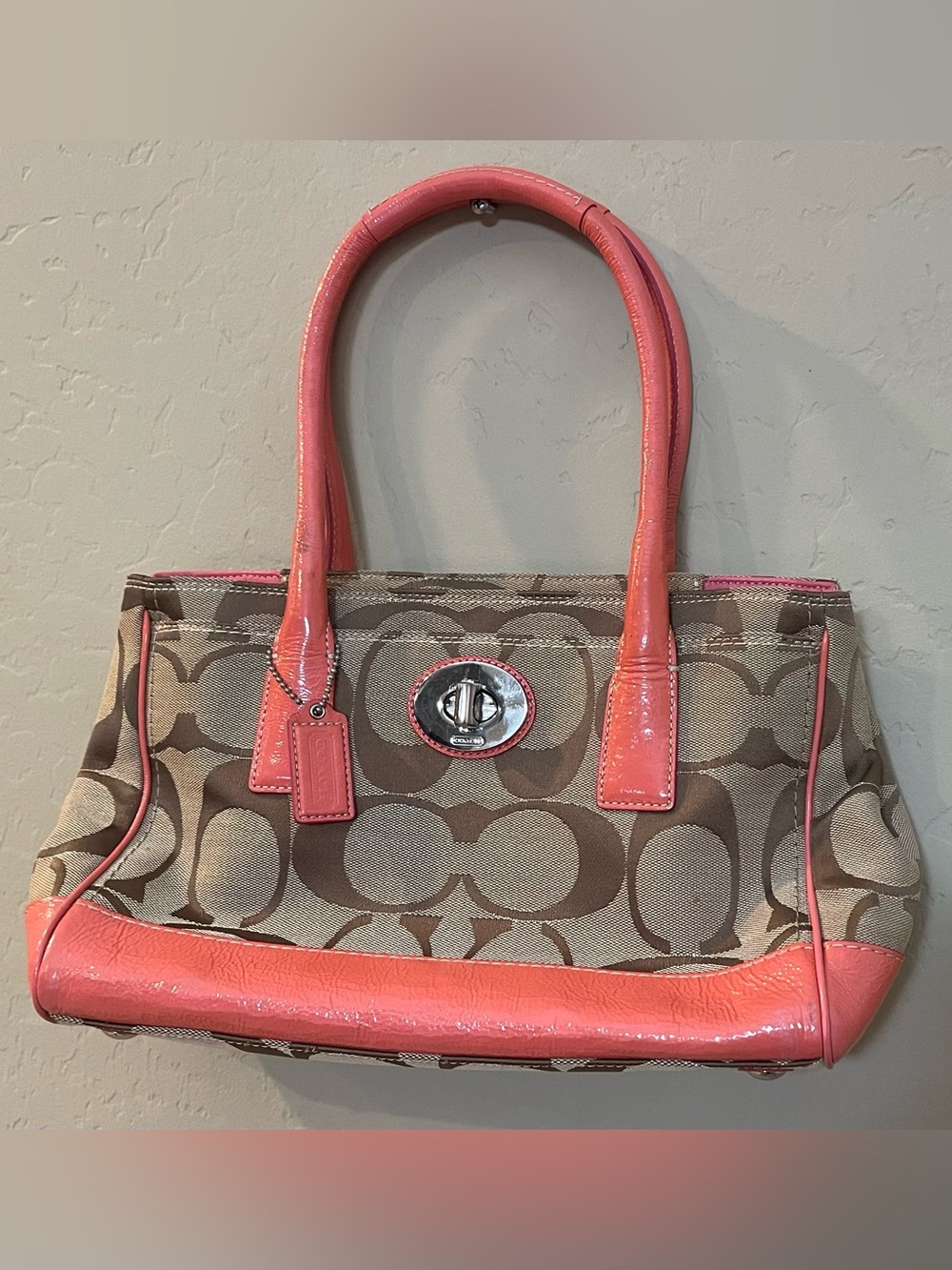Coach Beige brown Signature Canvas Shoulder Tote with Coral pink Patent Trim